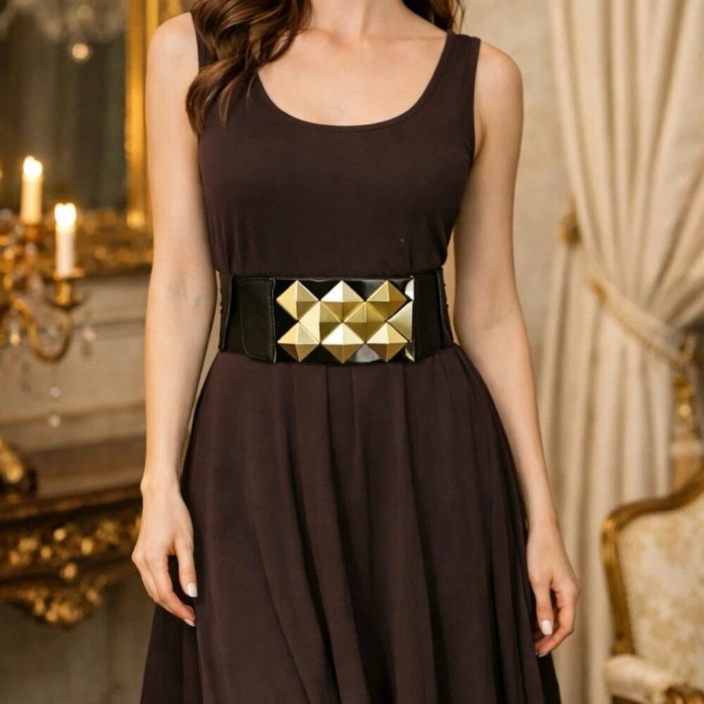 NWT NUE by Shani Size 12 Brown Belted A Line Dress Built-in Body Shaper $285